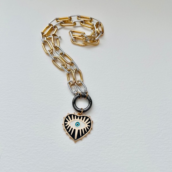 Round carabiner mixed metal black evil eye heart statement necklace - 18” - Picture 8 of 10